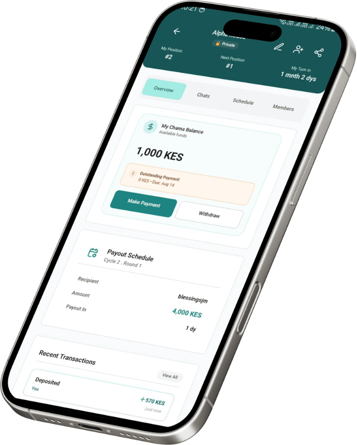 Chamapay app showing Alpha House chama details